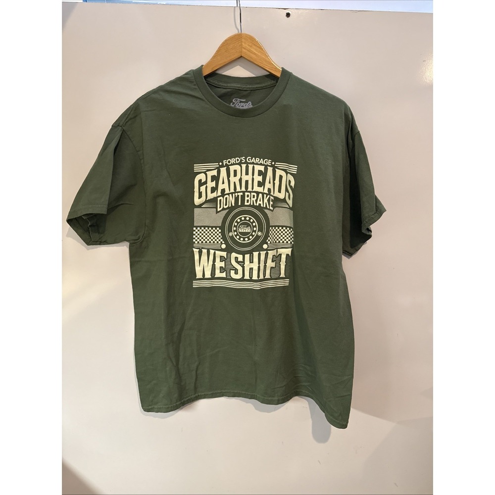 Fords Garage Mens Gear Head Don't Break We Shift XL Green T Shirt 100% Cotton